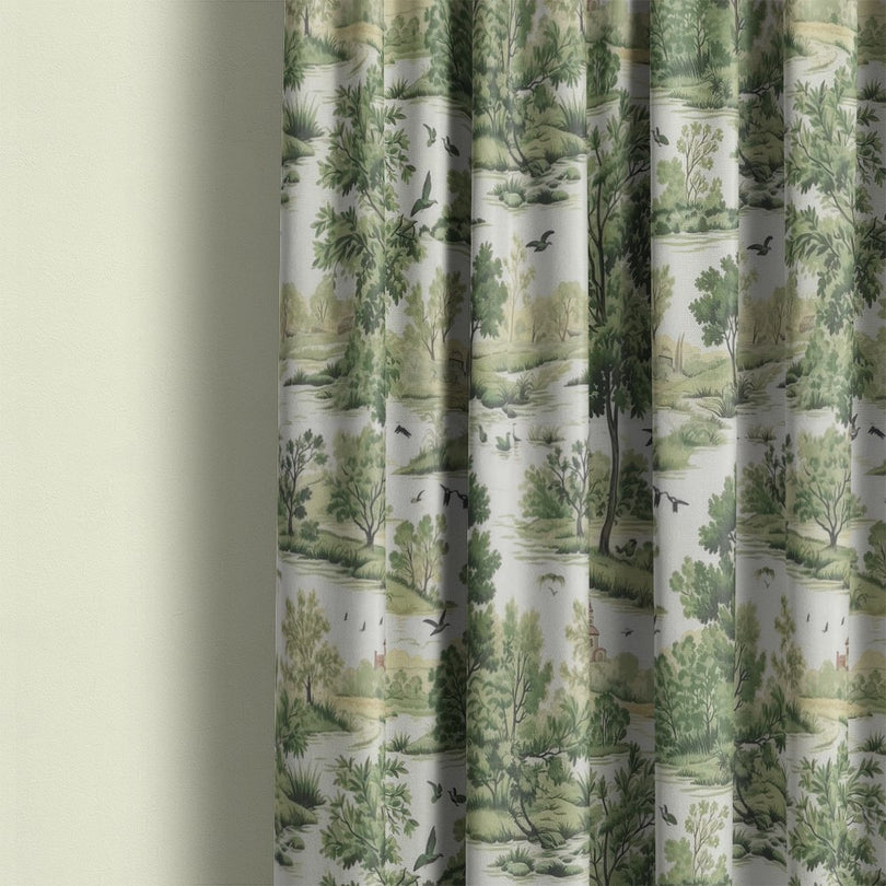 Curtain made from Woodland Green Forest Green fabric with traditional countryside print in soft green tones