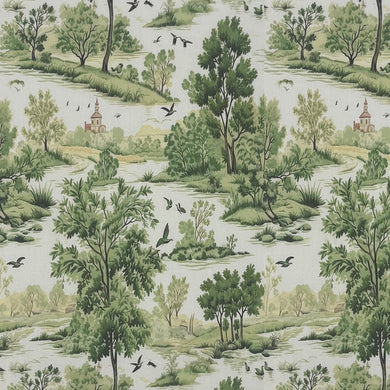 Woodland Green cotton curtain fabric in Forest Green showing scenic rural landscape with trees and birds
