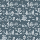 Woodland Toile Blue washable curtain fabric with white forest animals, trees and cottages on a muted blue ground