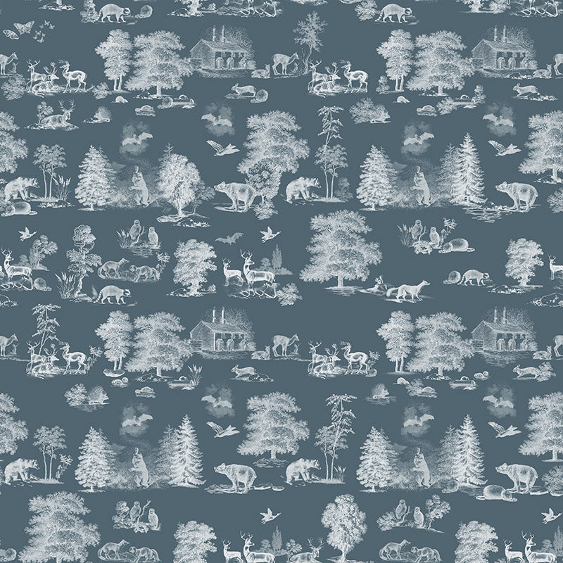 Woodland Toile Blue washable curtain fabric with white forest animals, trees and cottages on a muted blue ground