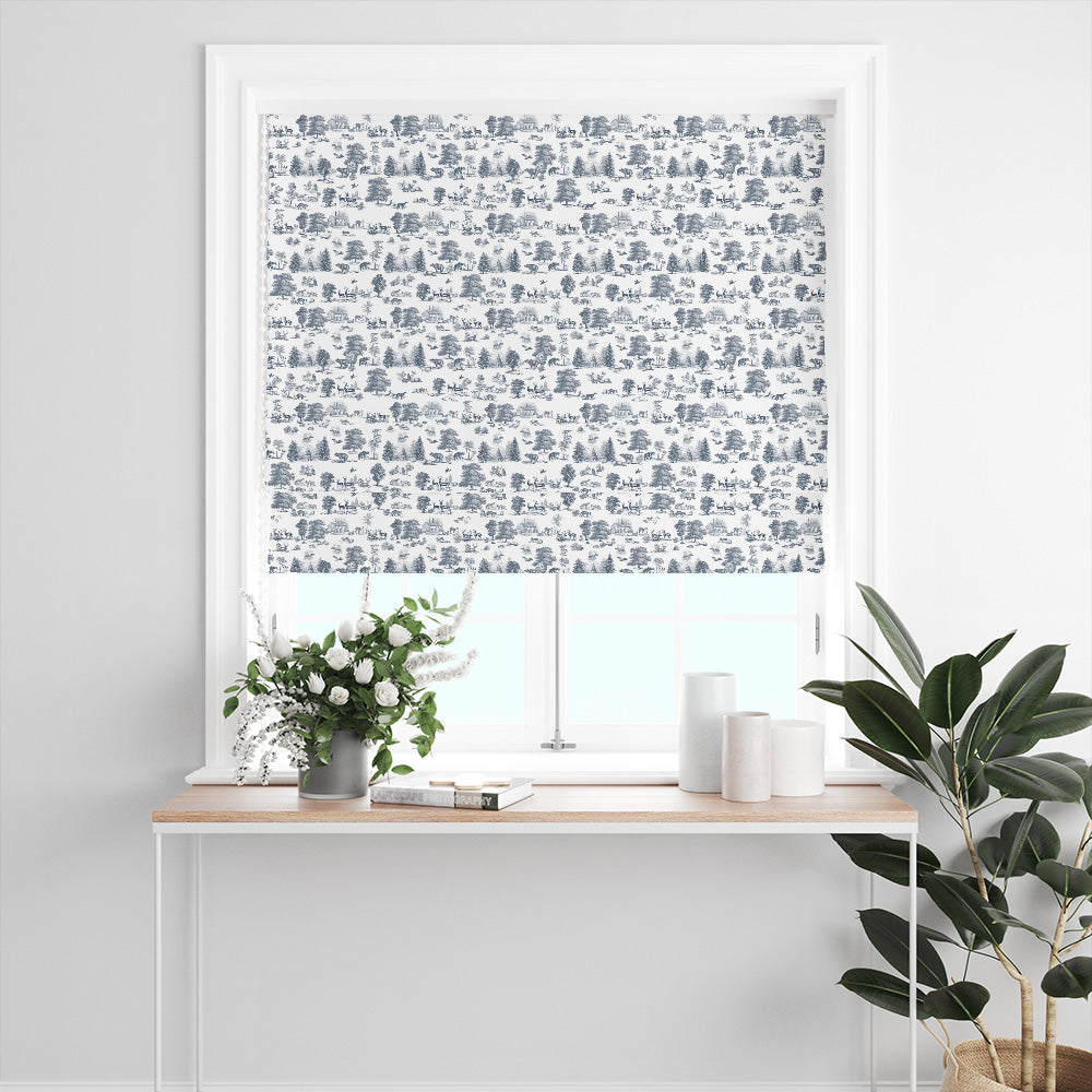 Woodland Toile Blue and White Roman blind with engraved-style animals and trees in a classic interior