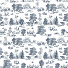 Woodland Toile Blue and White curtain fabric with detailed navy woodland illustrations on a crisp white background