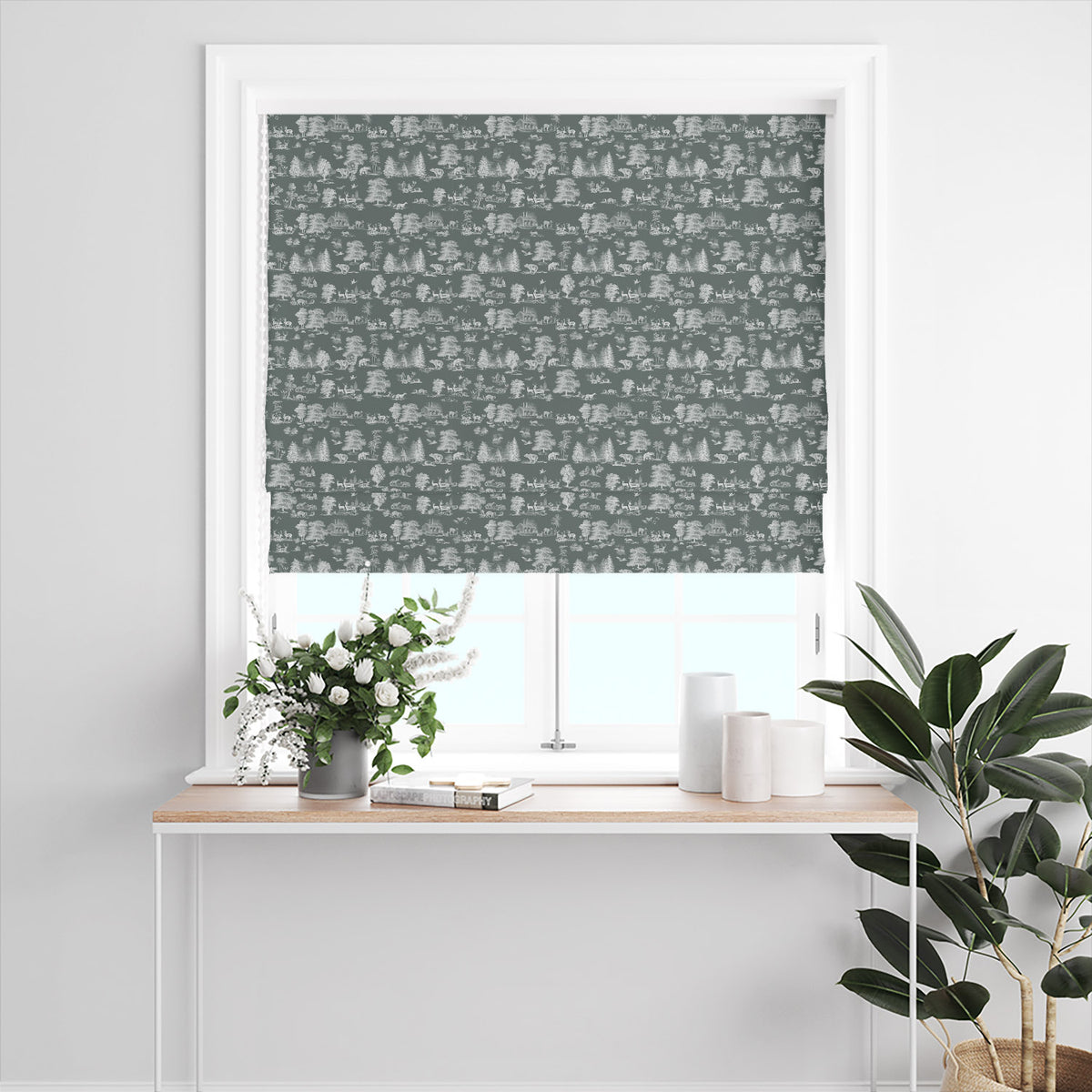 Woodland Toile Green Roman blind featuring deer, foxes, birds and woodland trees in a country room