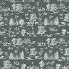 Woodland Toile Green polyester curtain fabric with pale forest scenes arranged across a deep muted green ground