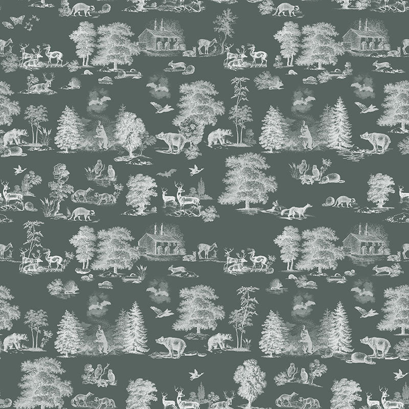 Woodland Toile Green polyester curtain fabric with pale forest scenes arranged across a deep muted green ground