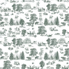 Woodland Toile Green and White washable fabric with finely drawn forest wildlife on a fresh white background