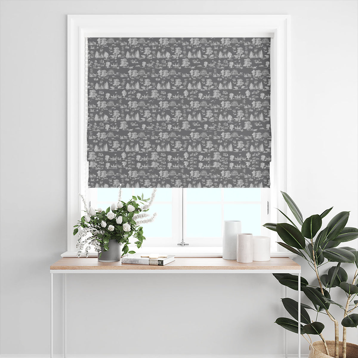 Woodland Toile Grey washable Roman blind with a monochrome country forest illustration