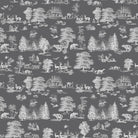 Woodland Toile Grey curtain fabric with soft white animals, cottages and trees on a charcoal grey background