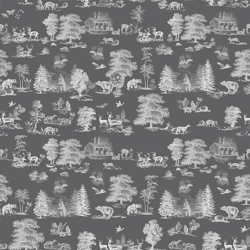 Woodland Toile Grey curtain fabric with soft white animals, cottages and trees on a charcoal grey background