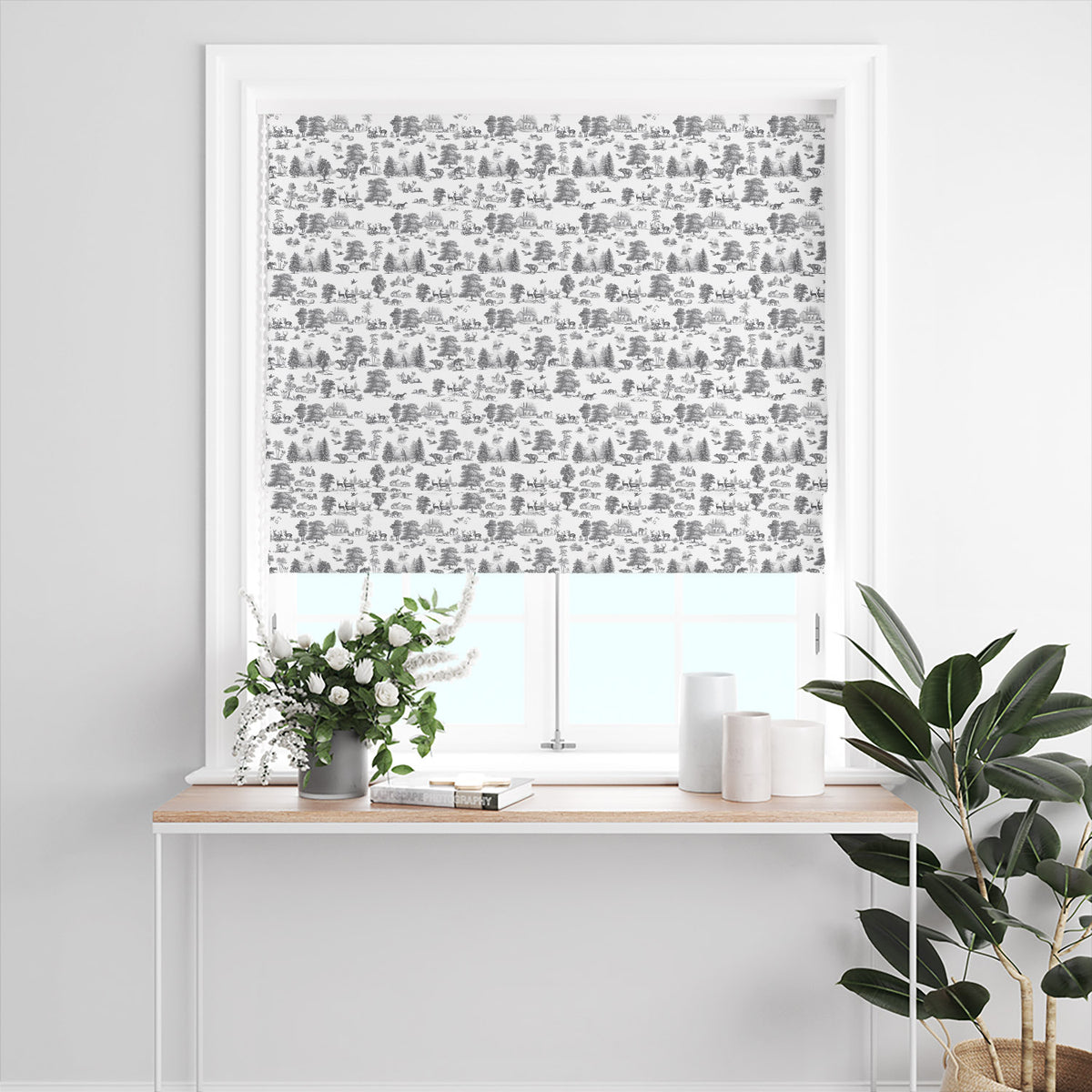 Woodland Toile White Roman blind displaying subtle grey forest scenes for a calm neutral room