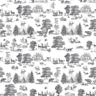 Woodland Toile White curtain fabric with delicate grey woodland animals and trees on a clean white ground