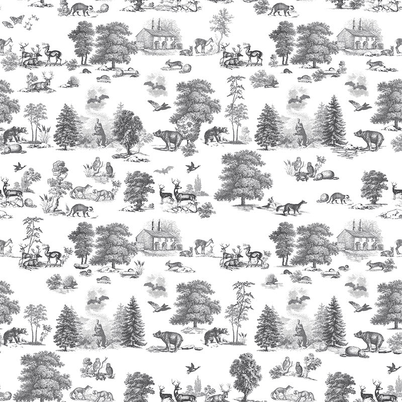 Woodland Toile White curtain fabric with delicate grey woodland animals and trees on a clean white ground