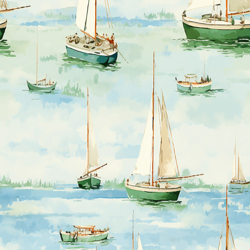 green sail boat curtain fabric printed on cotton with seaside yachting design and soft watercolour effect