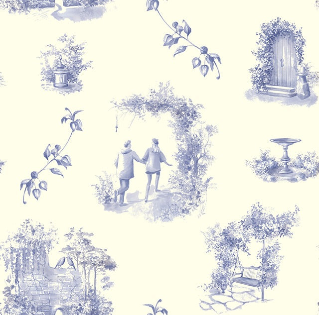 Blue and ivory Aquitaine Toile cotton curtain fabric, perfect for elegant home decor