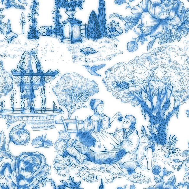 Beautiful Auvergne Toile De Jouy Fabric in Delft Blue colorway, perfect for upholstery and home decor projects