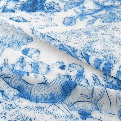  Elegant French-inspired fabric featuring pastoral scenes and delicate floral motifs in a classic blue and white color palette