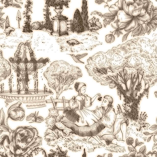 Auvergne Toile De Jouy Fabric in Sepia, a traditional French design with pastoral scenes and floral motifs in warm brown tones