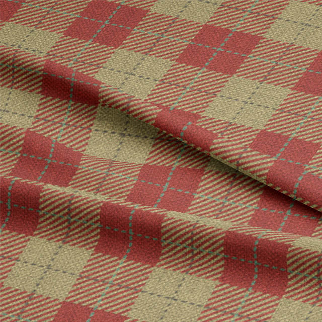 
Close-up of Barraglom Plaid Linen Curtain Fabric - Red, showcasing its rich red color, intricate plaid design, and high-quality linen material