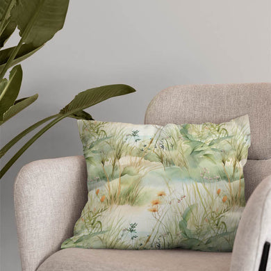 Green Beach Dunes Cotton Curtain Fabric Swatch with Subtle Wave Pattern and Sheer Finish