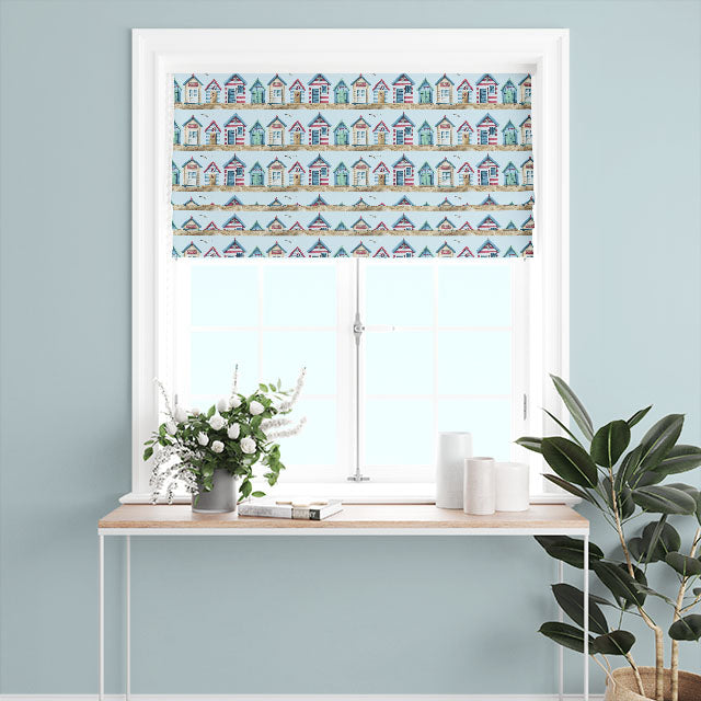 Blue Beach Huts Cotton Curtain Fabric, ideal for creating a relaxing and beachy atmosphere in any room