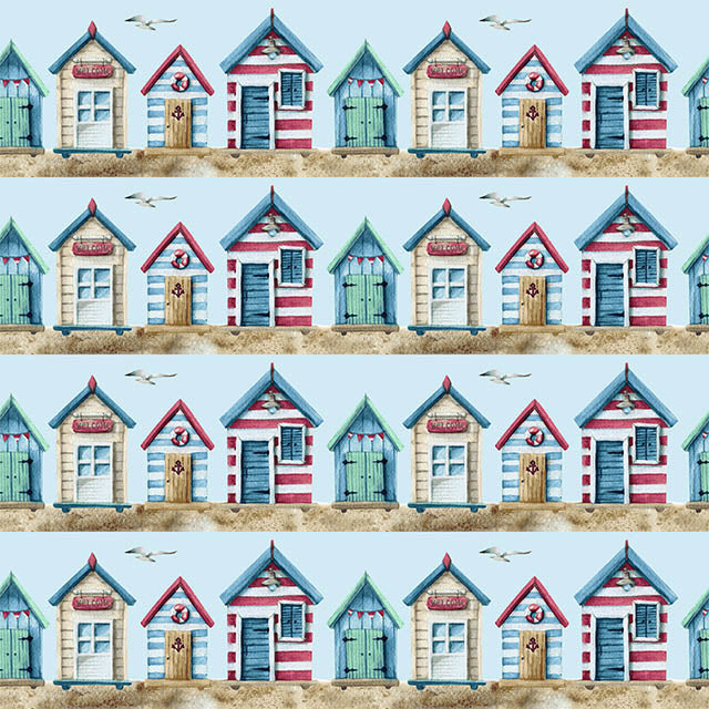 Beach Huts Cotton Curtain Fabric in Blue, featuring charming seaside huts and boats