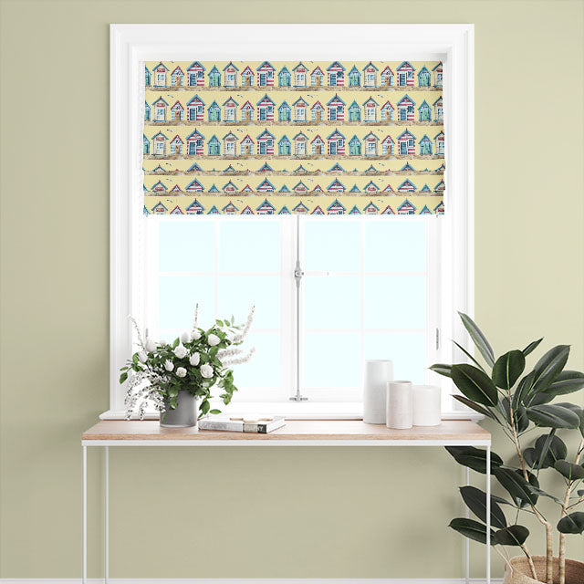 Chartreuse Beach Huts Cotton Curtain Fabric draping elegantly, adding a pop of color to any room