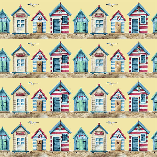Beach Huts Cotton Curtain Fabric in vibrant chartreuse color, perfect for beach-themed decor