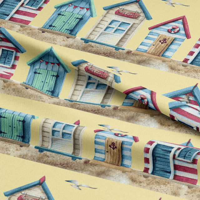 Close-up of Beach Huts Cotton Curtain Fabric, showcasing intricate woven details