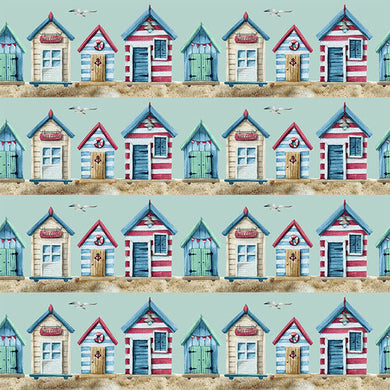 Beach Huts Cotton Curtain Fabric - Duck Egg in light blue color with white beach hut design