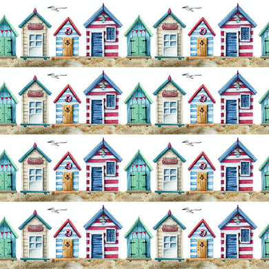 Beach Huts Cotton Curtain Fabric - White for a Coastal Decor