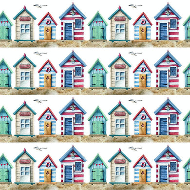 Beach Huts Cotton Curtain Fabric - White for a Coastal Decor