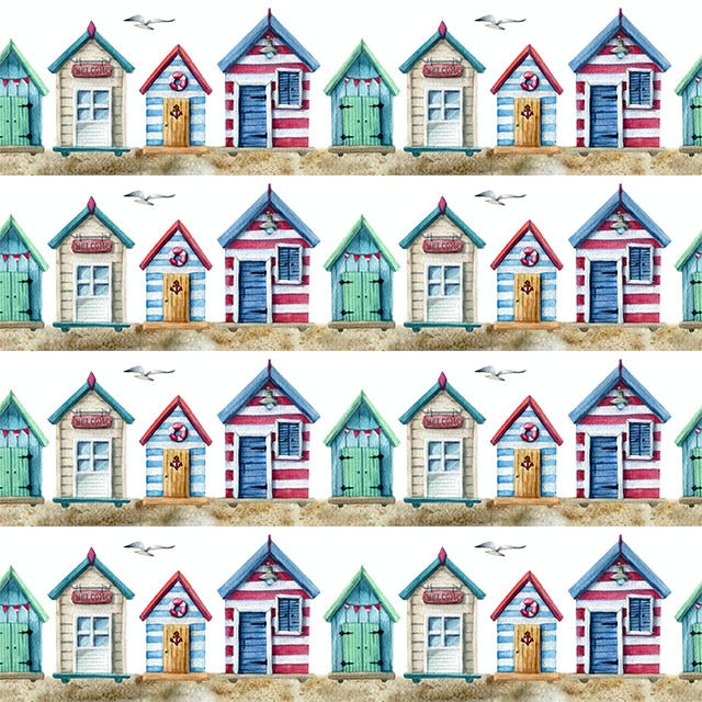 Beach Huts Cotton Curtain Fabric - White for a Coastal Decor