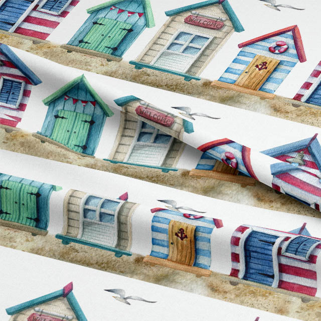 Scenic Beach Huts Cotton Curtain Fabric - White for Window Treatment