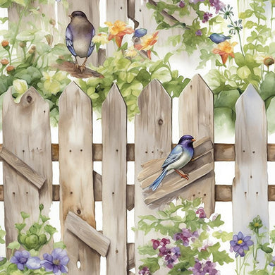 Bird perched on a white fence with cotton curtain fabric in the background