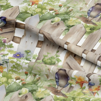 Bird On A Fence Cotton Curtain Fabric - White