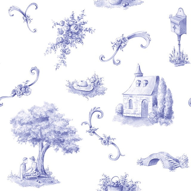 Bordeaux Toile Cotton Curtain Fabric - Blue