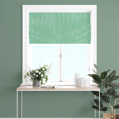  Bottle Green Candy Stripe Cotton Curtain Fabric draping elegantly, creating a vibrant and stylish window treatment