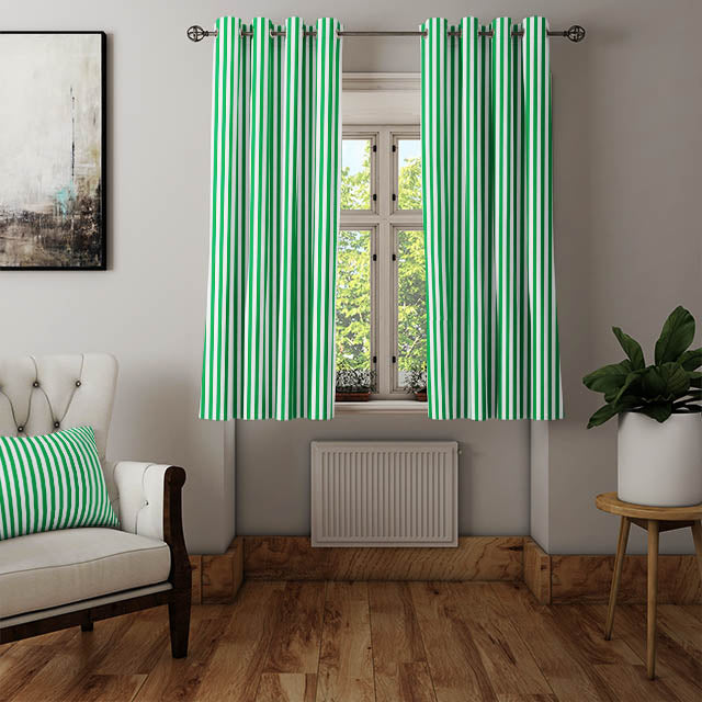  Interior design inspiration with the Candy Stripe Cotton Curtain Fabric in Bottle Green, adding a pop of color to a room