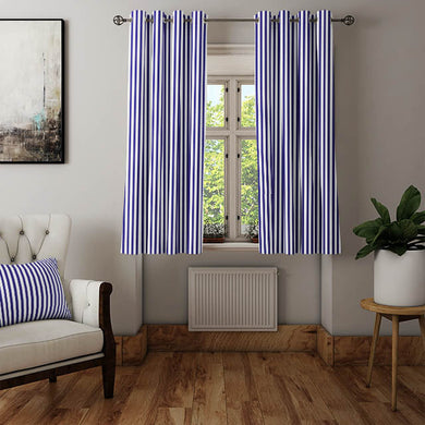 Classic navy blue and white striped cotton fabric for drapes