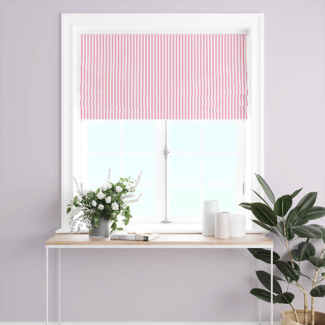 Light pink cotton fabric with thin white stripes for curtains