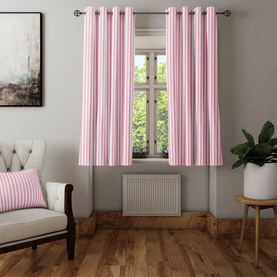 Pale pink and white candy stripe cotton fabric for window treatments