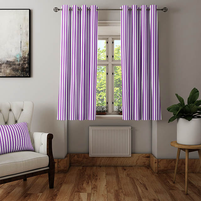 Candy Stripe Cotton Curtain Fabric in Purple, a high-quality and durable material for creating beautiful draperies
