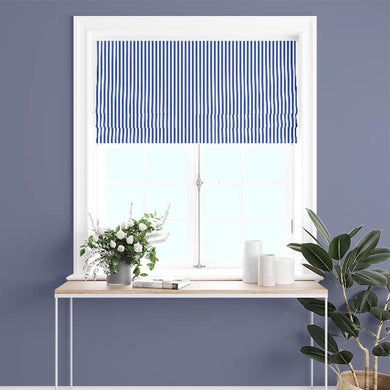 High-quality royal blue cotton curtain fabric with candy stripe design