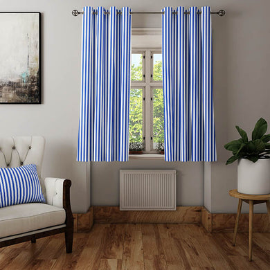 Royal blue cotton curtain fabric featuring classic candy stripe pattern