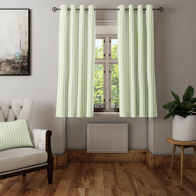 High-quality Candy Stripe Cotton Curtain Fabric in Willow green, ideal for window treatments