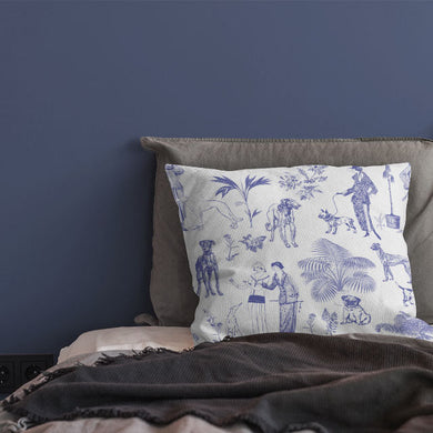 Chien Toile Cotton Curtain Fabric in Blue, perfect for adding a touch of elegance to any room