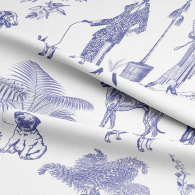 Close-up of Chien Toile Cotton Curtain Fabric in Blue, showcasing the intricate design and texture