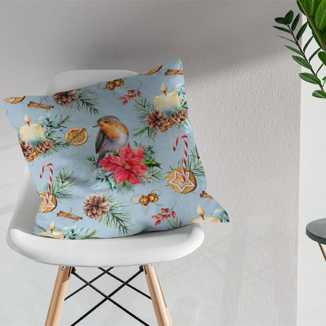 Red curtain fabric featuring a delightful Christmas robin motif