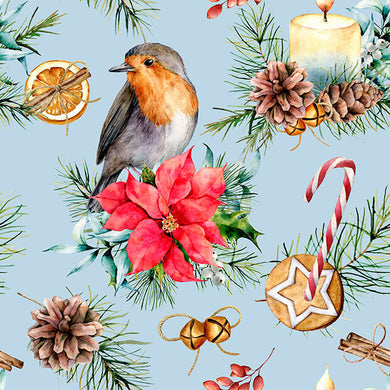 Christmas Robin Cotton Curtain Fabric - Red with festive robin bird print