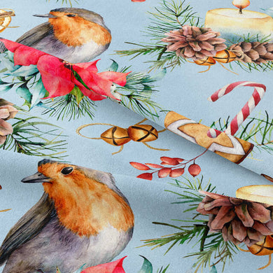 Holiday-themed red cotton fabric with charming robin bird design